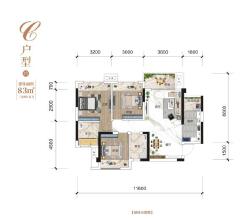 蜀崛·禧悦主推82㎡三室双卫户型，均价约7500元/㎡