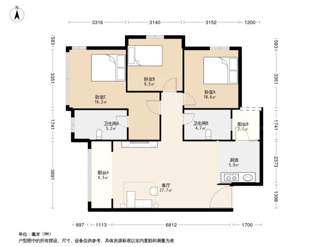 绵阳小岛社区，3室2厅2卫，96㎡，售价60万 绵阳二手房