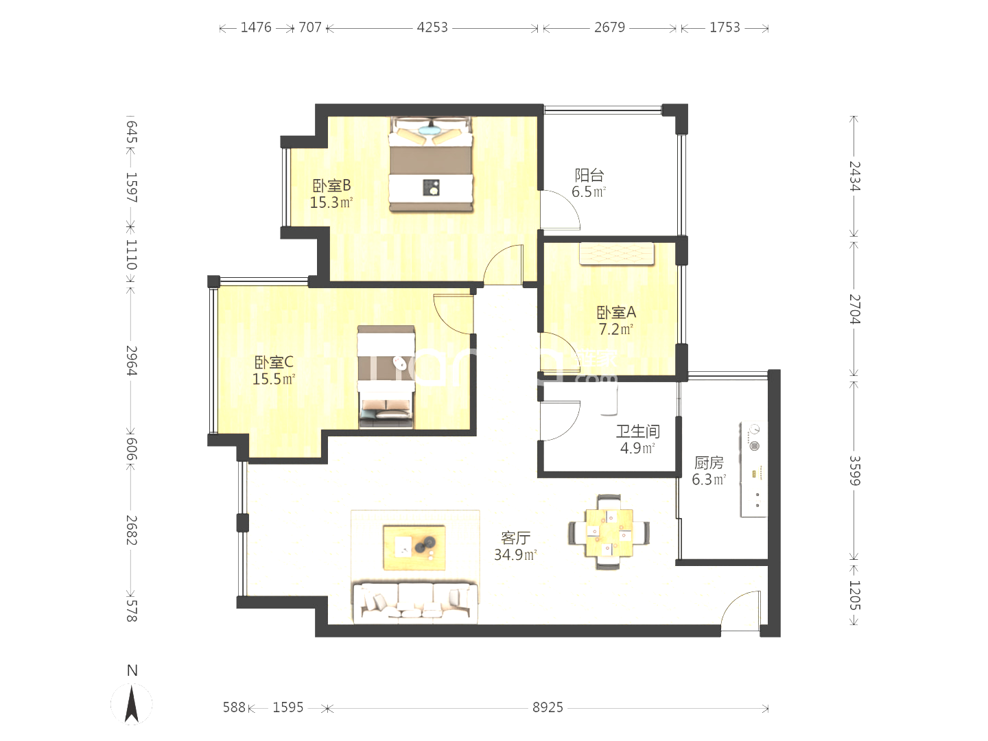 绵阳城南壹号A区，3室2厅1卫，96.5㎡，毛坯，租金600.00元/月 绵阳租房