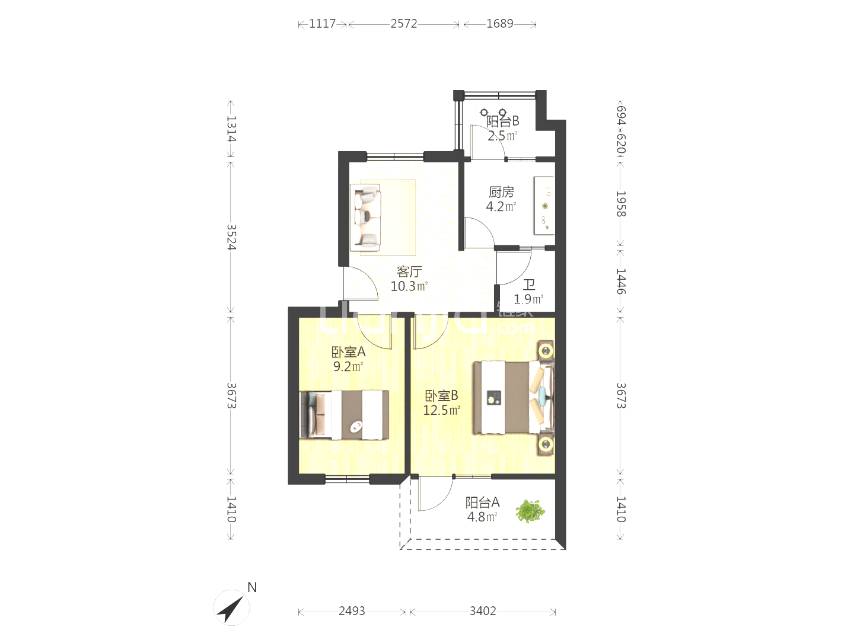 绵阳756家属区，2室1厅1卫，54.00㎡，简装，租金1000.00元/月 绵阳二手房