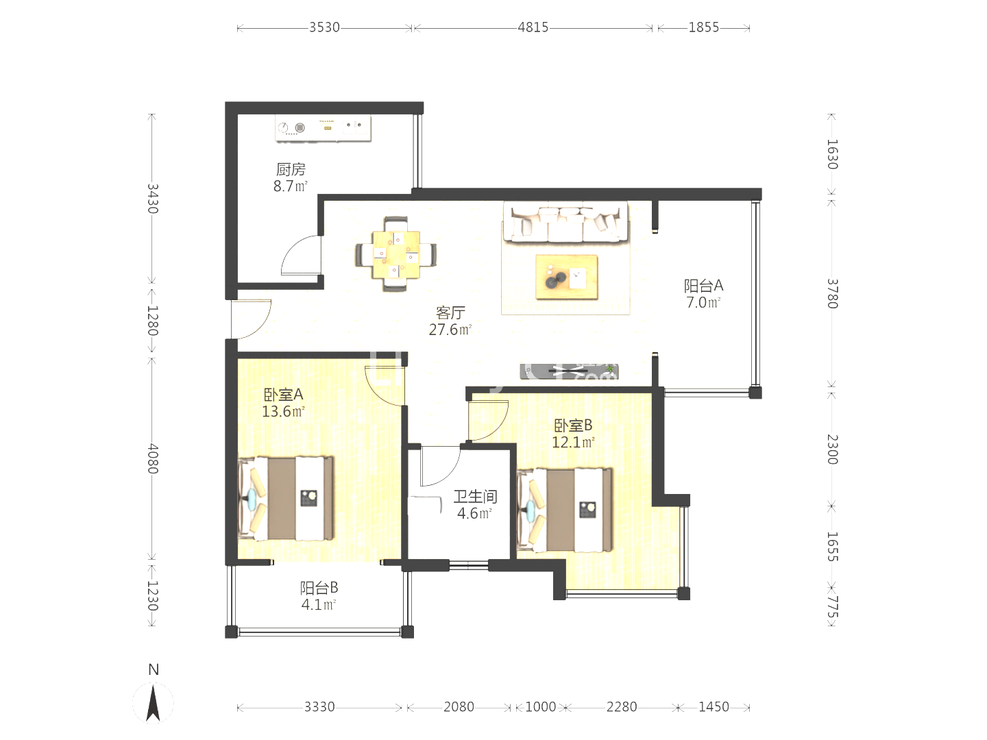 绵阳南山一号二期御珑藏，2室2厅1卫，81.50㎡，租金1800.00元/月 绵阳二手房