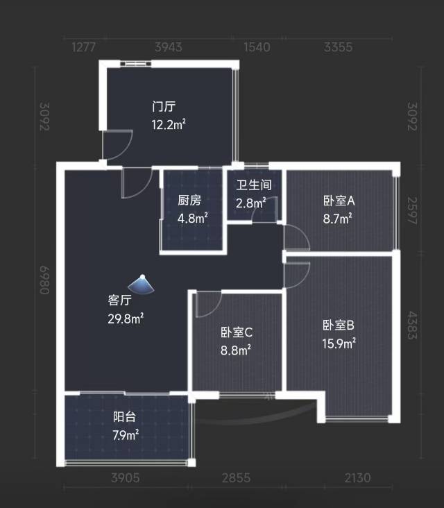 绵阳奥林春天二期，3室2厅1卫，86.99㎡，普装，租金1900元/月 绵阳租房