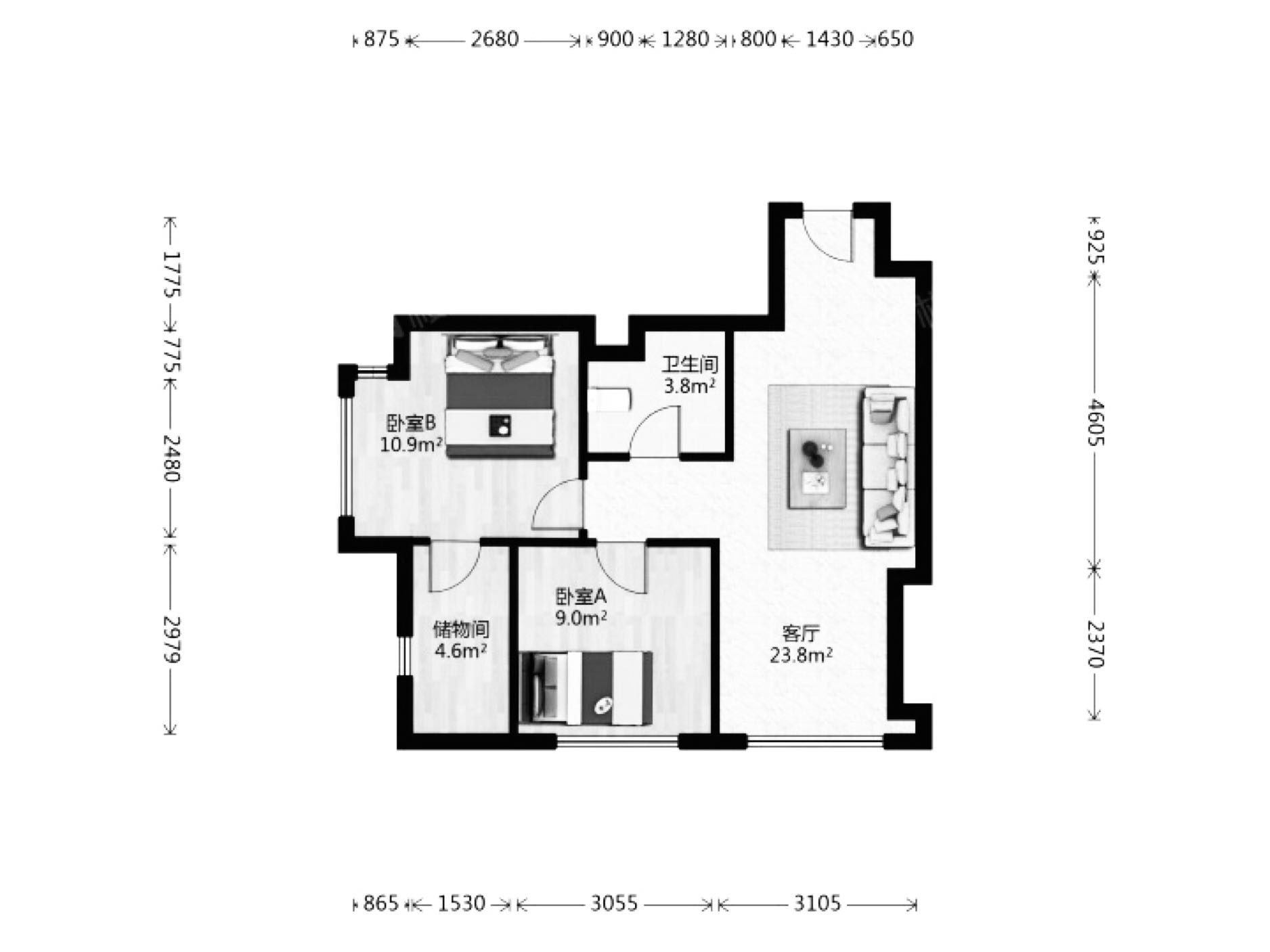 绵阳万达SOHO，2室2厅1卫，80.86㎡，售价36万 绵阳二手房