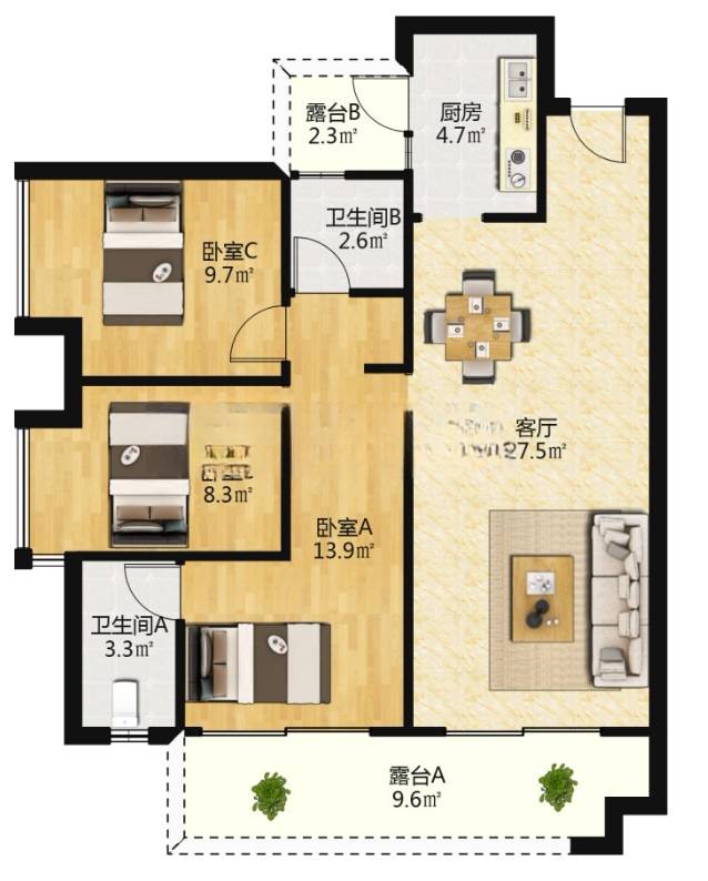 绵阳长虹天樾(涪城)，3室2厅2卫，83.75㎡，售价82.8万 绵阳二手房