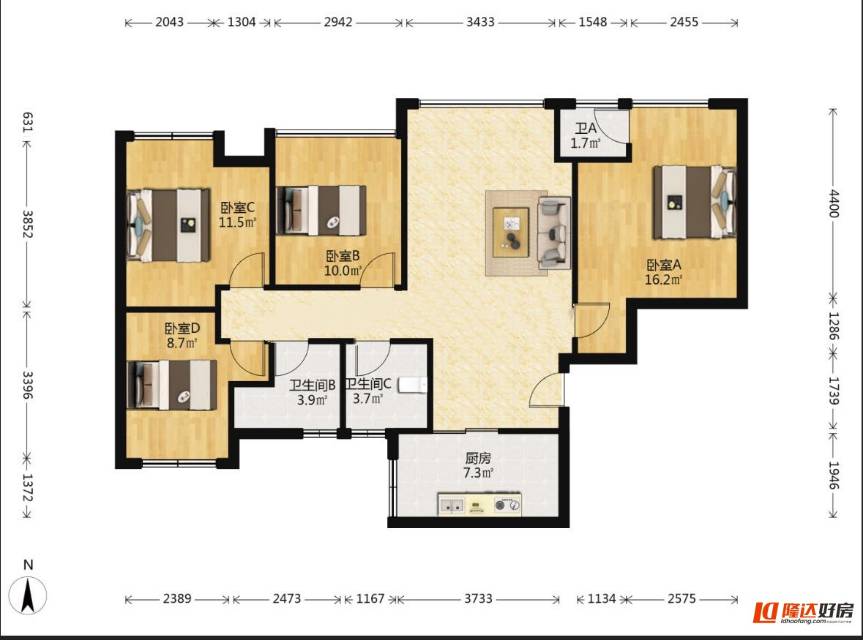 绵阳南城誉峰，3室2厅2卫，110.00㎡，精装，租金1800.00元/月 绵阳租房